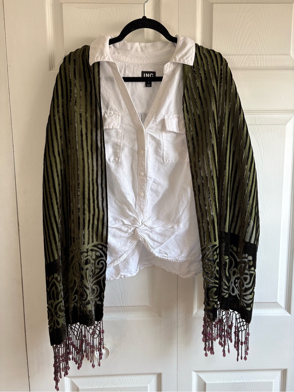 Wayne M. Kleski Velvet Devore Olive Green Tassel Beaded Scarf Artsy Boho Stripe